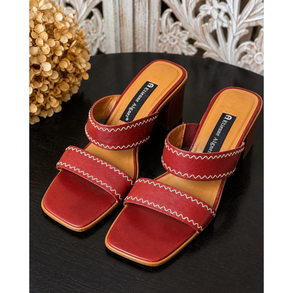Etienne Aigner Expo Red Leather Square Toe Block Heel Slide Sandals Womens 8M